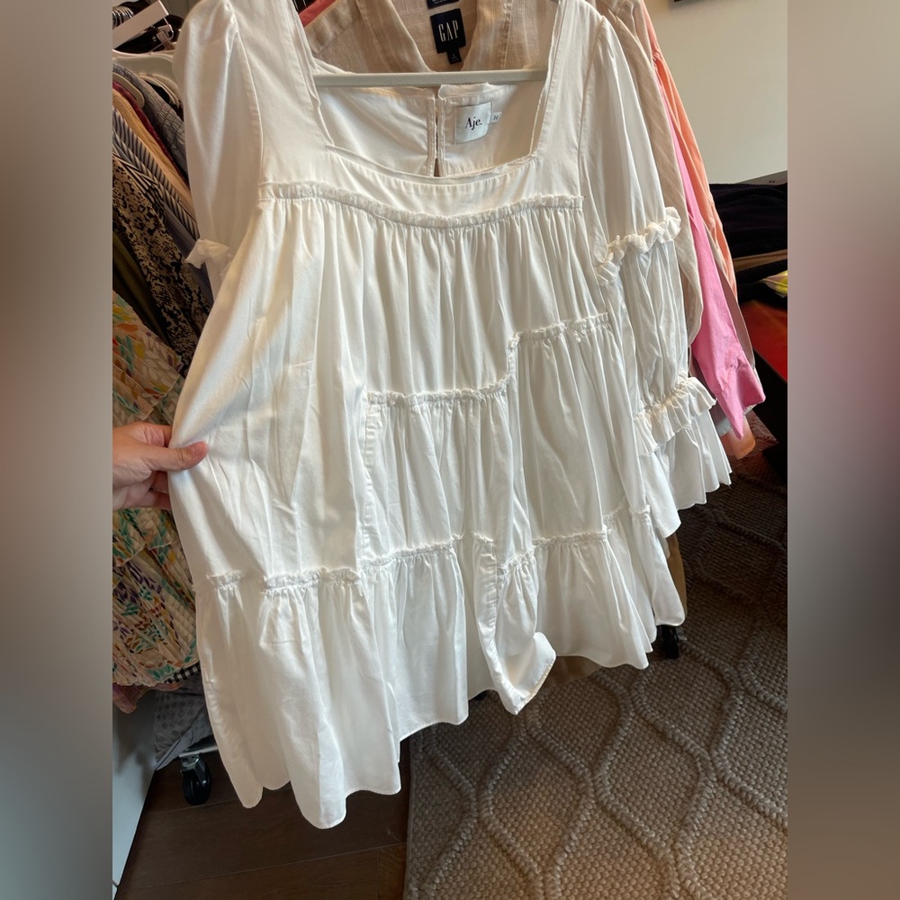 Aje L’espirit Ruffle Trim White Long Sleeve Mini Dress - Picture 5 of 8